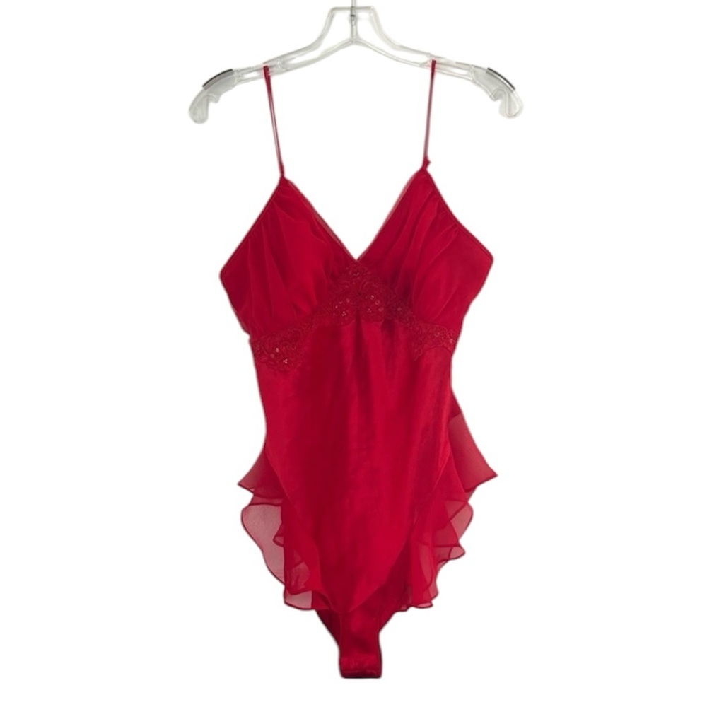 Red Lace-Trim Sheer Mesh Bodysuit - Women Intimates